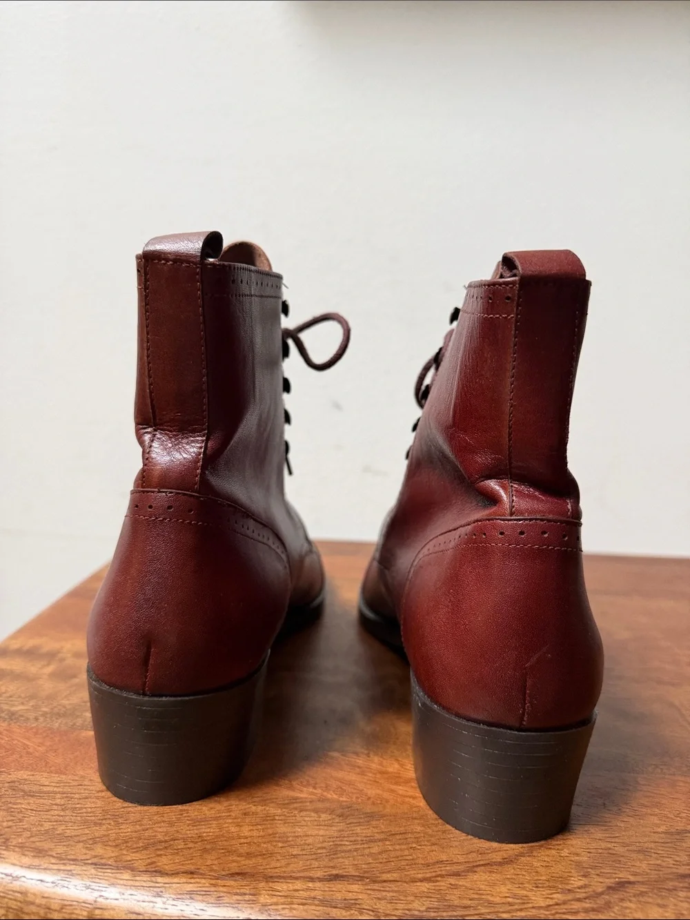 Women's Leather Lace-Up Cap-Toe Boots in Chestnut Brown